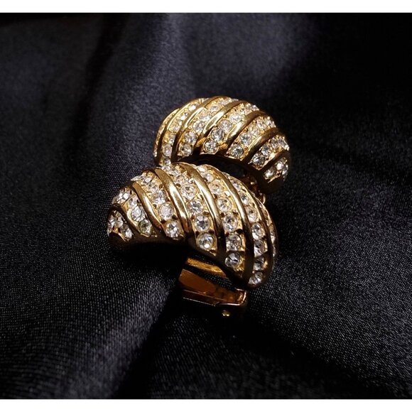 Vintage 1990s Christian Dior Gold Plated Clip-On Earrings With Rhinestone Stripe - Picture 4 of 5